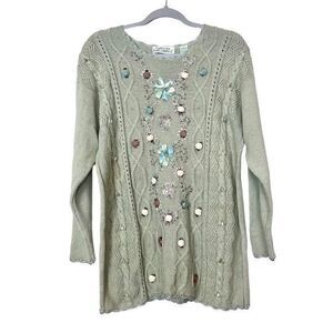 Colleen's Collections Sweater Womens Green Floral Embroidered Cable Knit Rosette